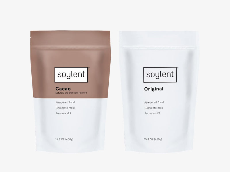 soylent cacao and original powder punches on a light gray background