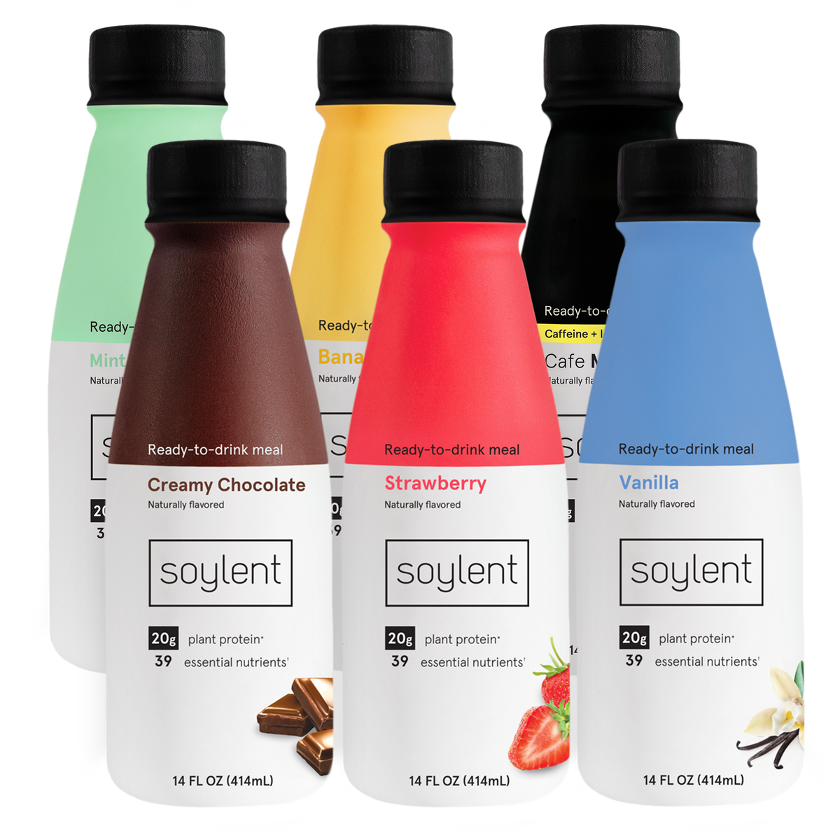 A lineup of Soylent flavors Creamy Chocolate, Strawberry, Vanilla, Mint Chocolate, Vanilla, and Cafe Mocha. 