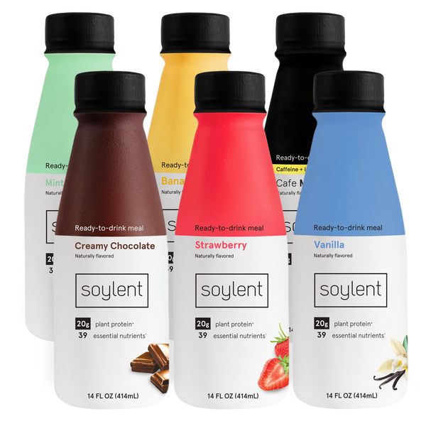 A lineup of Soylent flavors Creamy Chocolate, Strawberry, Vanilla, Mint Chocolate, Vanilla, and Cafe Mocha. 